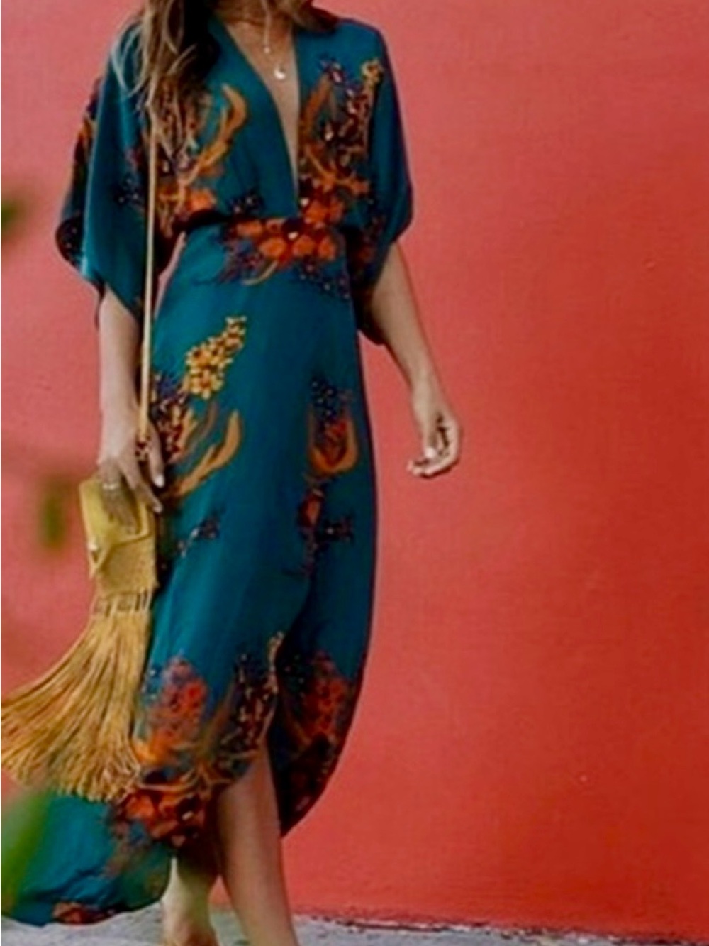 Teal Floral V-Neck Maxi Dress